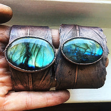 Load image into Gallery viewer, Labradorite and Electroformed Feather Cuff Bracelet - Made to Order