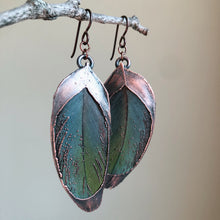 Load image into Gallery viewer, Electroformed Green Macaw Feather Earrings #2 - Ready to Ship