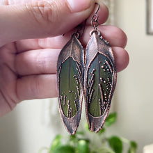 Load image into Gallery viewer, Electroformed Green Macaw Feather Earrings #1 - Ready to Ship