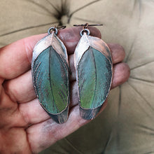 Load image into Gallery viewer, Electroformed Green Macaw Feather Earrings #2 - Ready to Ship