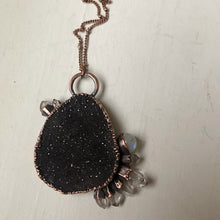 Load image into Gallery viewer, Dark Gray Druzy, Rainbow Moonstone & Clear Quartz Necklace #1 - Ready to Ship