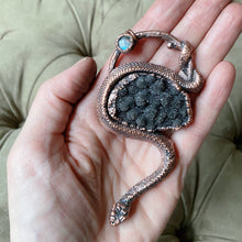 Load image into Gallery viewer, Electroformed Snake, Black Druzy & Rainbow Moonstone Necklace - Ready to Ship
