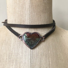 Load image into Gallery viewer, Moss Agate Heart and Leather Wrap Bracelet/Choker #2 - Ready to Ship
