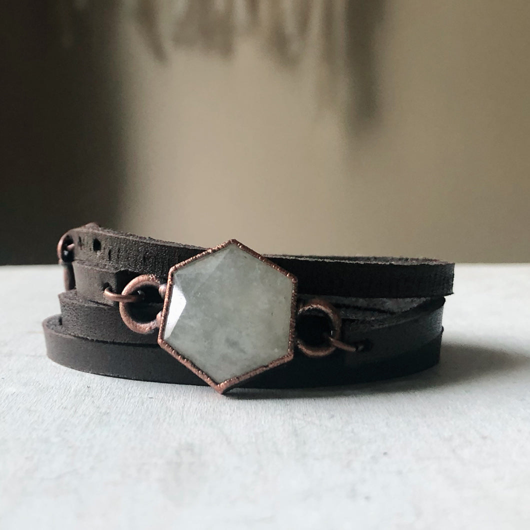 White Moonstone Hexagon and Leather Wrap Bracelet/Choker #1 - Ready to Ship