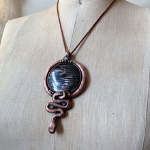Load image into Gallery viewer, Hypersthene, Clear Quartz Druzy & Sculpted Snake Black Moon Lilith Necklace - Ready to Ship