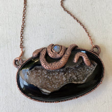 Load image into Gallery viewer, Black Onyx Druzy, Rainbow Moonstone & Sculpted Snake Lilith Necklace - Ready to Ship