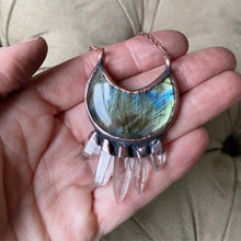 Load image into Gallery viewer, Labradorite Crescent Moon with Raw Clear Quartz Necklace #2 - Ready to Ship