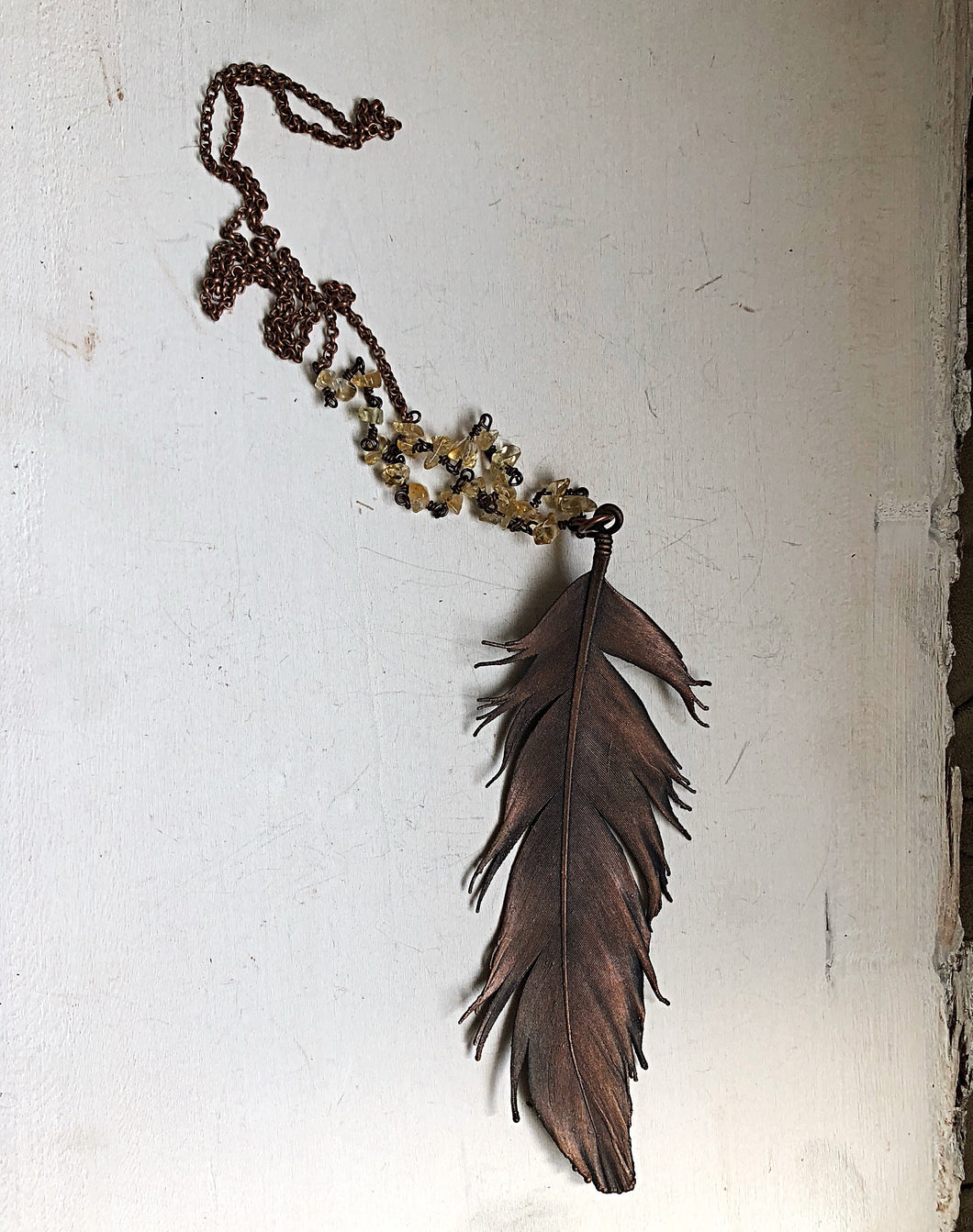 Electroformed Large Wild Feather & Raw Citrine Necklace (Icarus Soaring)
