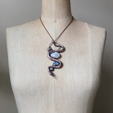 Load image into Gallery viewer, Electroformed Snake with Rainbow Moonstone & Raw Clear Quartz Necklace - Ready to Ship