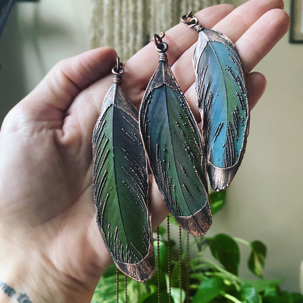 Electroformed Green Macaw Feather Necklace - Made to Order