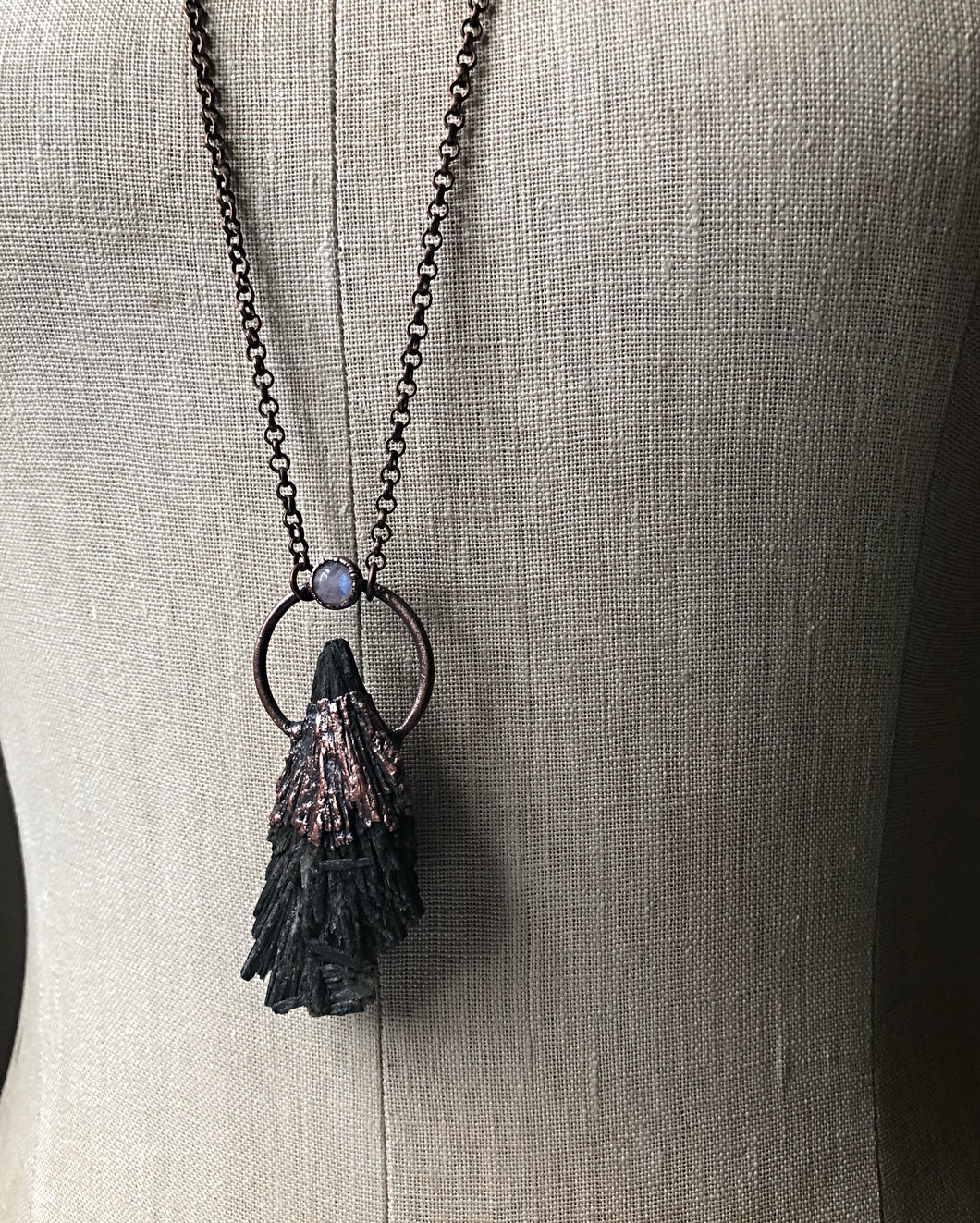 Black Kyanite and Rainbow Moonstone Necklace #1 (Ready to Ship) - Darkness Calling Collection
