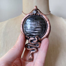 Load image into Gallery viewer, Hypersthene, Clear Quartz Druzy & Sculpted Snake Black Moon Lilith Necklace - Ready to Ship