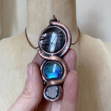 Load image into Gallery viewer, Hypersthene, Labradorite, Clear Quartz Druzy & Sculpted Snake Black Moon Lilith Necklace - Ready to Ship