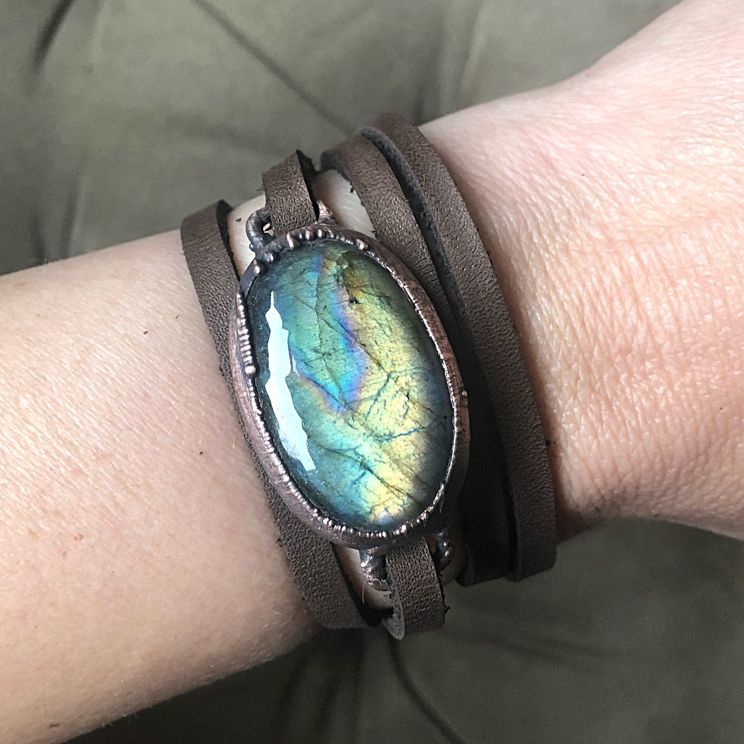 Labradorite and Leather Wrap Bracelet/Choker #1 - Spring Equinox Collection