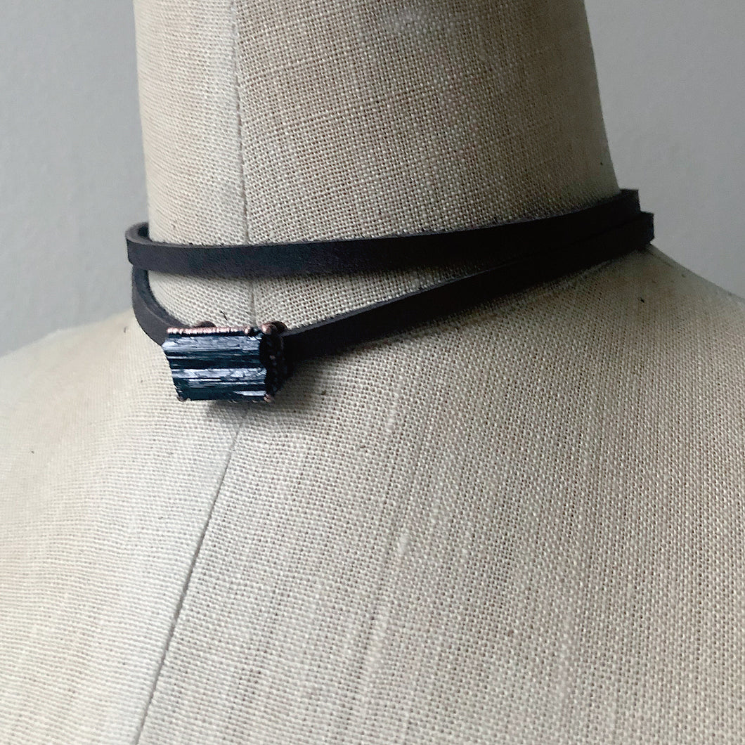 Raw Black Tourmaline and Leather Wrap Bracelet/Choker - Ready to Ship