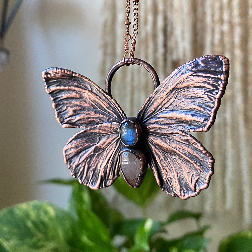 Electroformed Butterfly With Labradorite & Golden Rutile Quartz Necklace - Ready to Ship