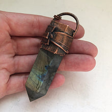 Load image into Gallery viewer, Feather Bezel Large Labradorite Point Necklace on Aged Copper Chain - Ready to Ship (5/17 Update)
