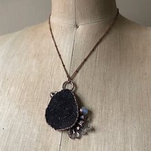 Load image into Gallery viewer, Dark Gray Druzy, Rainbow Moonstone & Clear Quartz Necklace #1 - Ready to Ship
