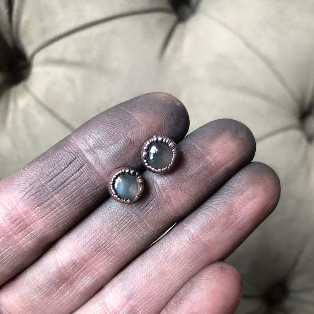 Round Grey Moonstone Earrings #2- Ready to Ship