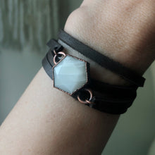 Load image into Gallery viewer, White Moonstone Hexagon and Leather Wrap Bracelet/Choker #2 - Ready to Ship
