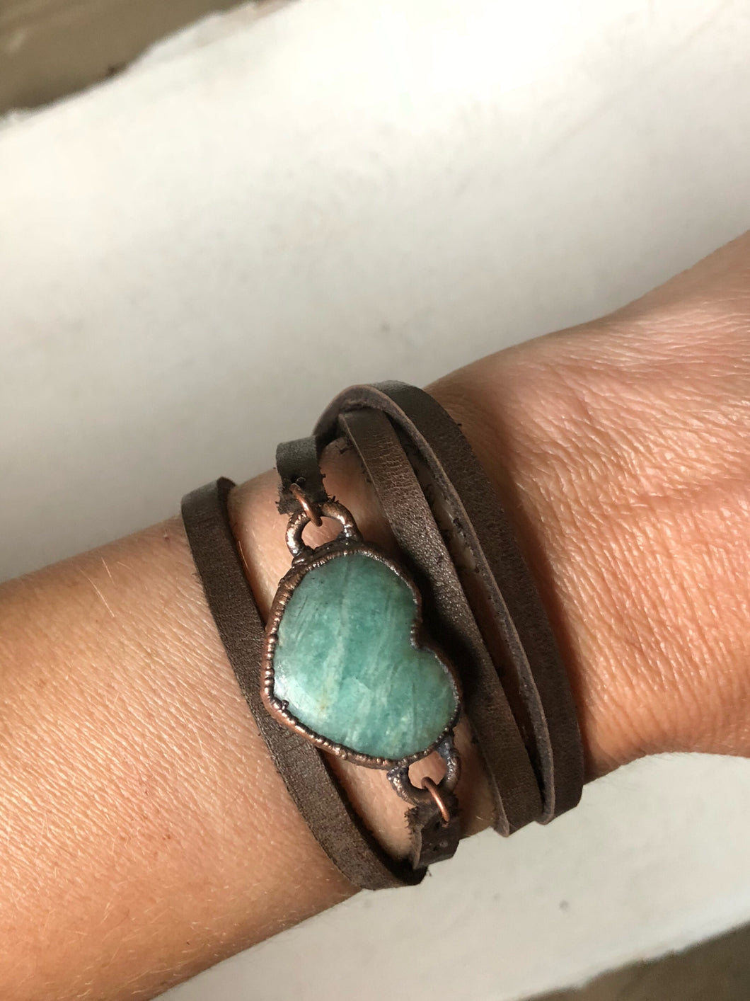 Amazonite Heart and Leather Wrap Bracelet/Choker (Satya Collection)