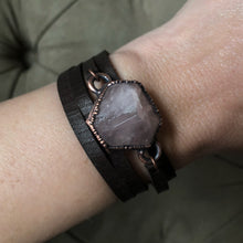 Load image into Gallery viewer, Rose Quartz Hexagon and Leather Wrap Bracelet/Choker - Ready to Ship