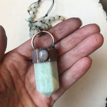 Load image into Gallery viewer, Amazonite Polished Point with Rainbow Moonstone Mala