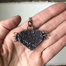 Load image into Gallery viewer, Dark Amethyst Druzy & Clear Quartz Point Tell Tale Heart Necklace #2