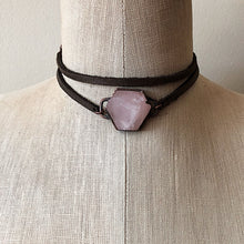 Load image into Gallery viewer, Rose Quartz Hexagon and Leather Wrap Bracelet/Choker (Flower Moon Collection)