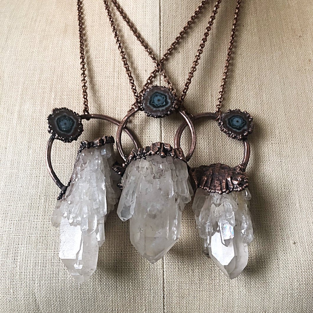 Candle Quartz Cluster with Stalactite Moon Necklace - Snow Moon Collection