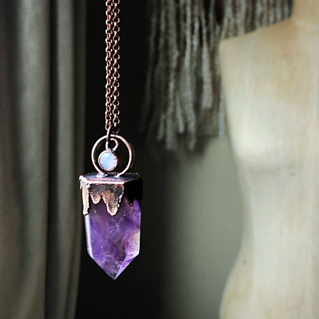 Amethyst Polished Point & Rainbow Moonstone Candelabra Necklace - Tell Tale Heart Collection