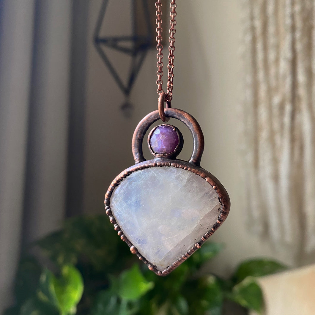 Rainbow Moonstone & Pink Sapphire Necklace