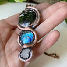 Load image into Gallery viewer, Hypersthene, Labradorite, Clear Quartz Druzy & Sculpted Snake Black Moon Lilith Necklace - Ready to Ship