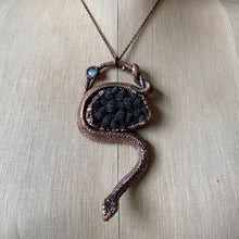 Load image into Gallery viewer, Electroformed Snake, Black Druzy & Rainbow Moonstone Necklace - Ready to Ship
