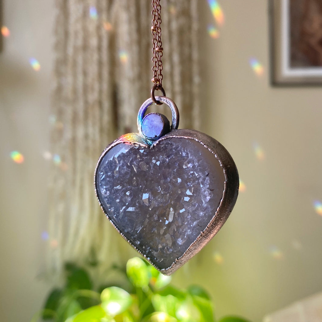 Amethyst Druzy “Broken Open” Heart Necklace with Rainbow Moonstone #1 - Ready to Ship
