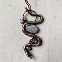 Load image into Gallery viewer, Electroformed Snake with Rainbow Moonstone & Raw Clear Quartz Necklace - Ready to Ship