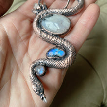 Load image into Gallery viewer, Electroformed Snake with Rainbow Moonstone & Raw Clear Quartz Necklace - Ready to Ship