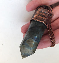 Load image into Gallery viewer, Feather Bezel Large Labradorite Point Necklace on Aged Copper Chain - Ready to Ship (5/17 Update)