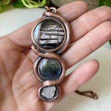 Load image into Gallery viewer, Hypersthene, Labradorite, Clear Quartz Druzy & Sculpted Snake Black Moon Lilith Necklace - Ready to Ship