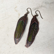 Load image into Gallery viewer, Electroformed Green Macaw Feather Earrings #1 - Ready to Ship