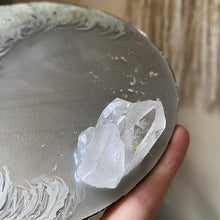 Load image into Gallery viewer, Large Silver Crescent Moon Scrying Mirror with Clear Quartz Cluster - Ready to Ship