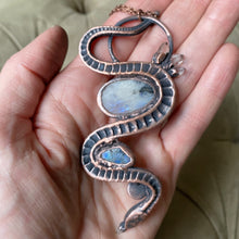 Load image into Gallery viewer, Electroformed Snake with Rainbow Moonstone & Raw Clear Quartz Necklace - Ready to Ship