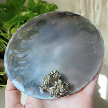 Load image into Gallery viewer, Large Gold Crescent Moon Scrying Mirror with Pyrite Cluster - Ready to Ship