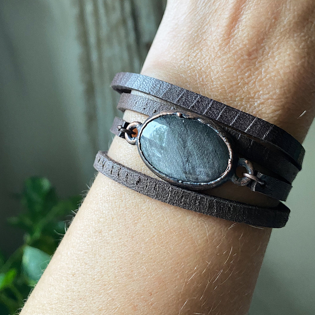 Silver Obsidian and Leather Wrap Bracelet/Choker - Ready to Ship