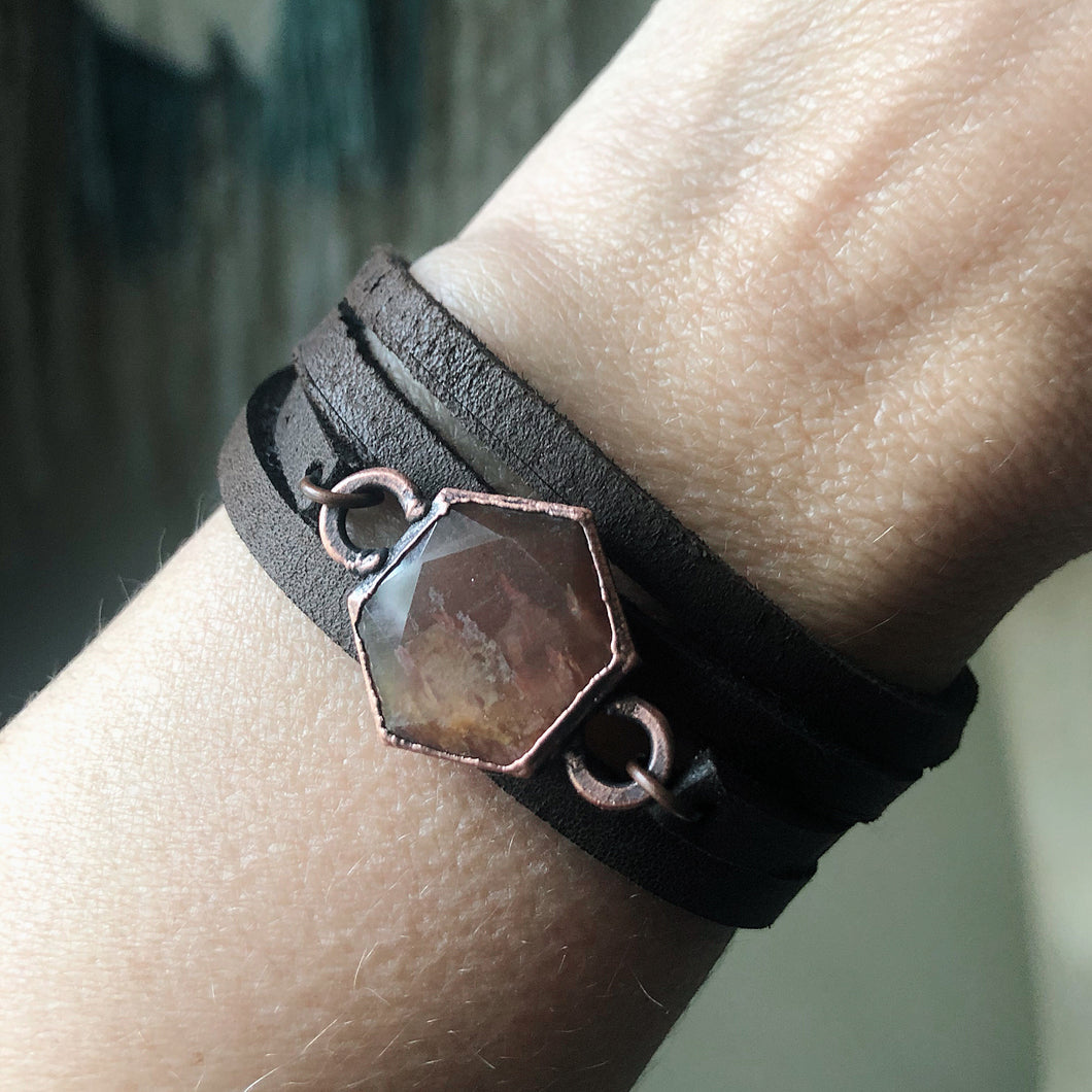 Sunstone Hexagon and Leather Wrap Bracelet/Choker - Ready to Ship