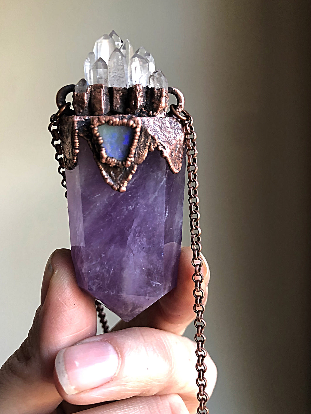 Amethyst Polished Point with Raw Opal & Clear Quartz Candelabra Necklace - Tell Tale Heart Collection