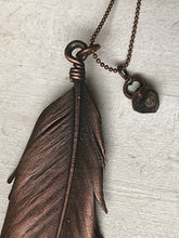 Load image into Gallery viewer, Electroformed Feather Necklace with Raw Garnet Charm (Super Blood Wolf Moon Collection)