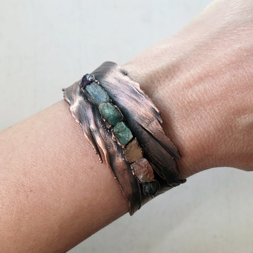 Electroformed Feather Cuff with Raw Chakra Stones #1 - Ready to Ship