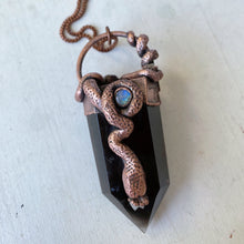 Load image into Gallery viewer, Smoky Quartz, Rainbow Moonstone, Clear Quartz Druzy, Garnet & Sculpted Snake Lilith Necklace - Ready to Ship