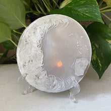 Load image into Gallery viewer, Large Silver Crescent Moon Scrying Mirror with Clear Quartz Cluster - Ready to Ship